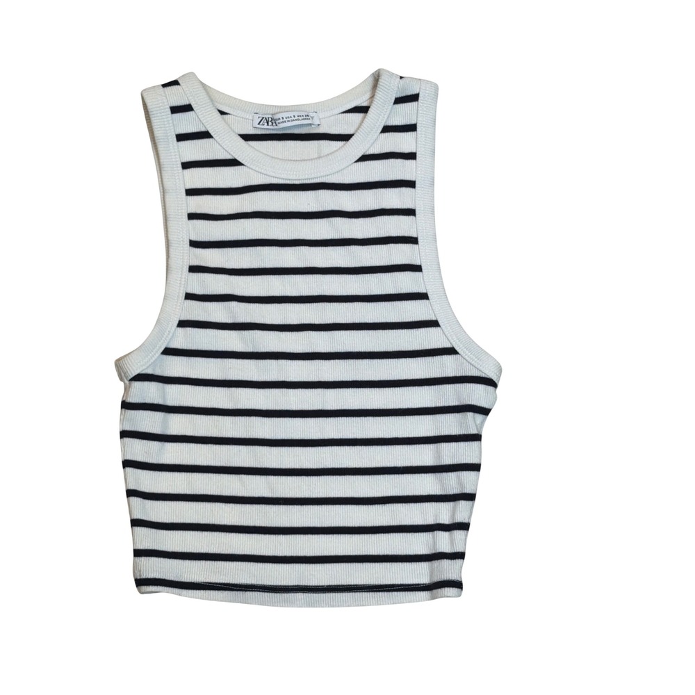 Zara Women Black White Striped Ribbed High Neck Tank Top Racerback Crop S